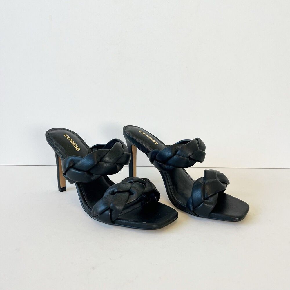 Express Black Braided Slip On High Heel Sandal Square Opened Toe Shoe Size 5/5.5